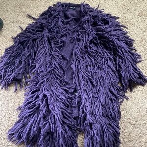 Eggplant sweater jacket with fringe